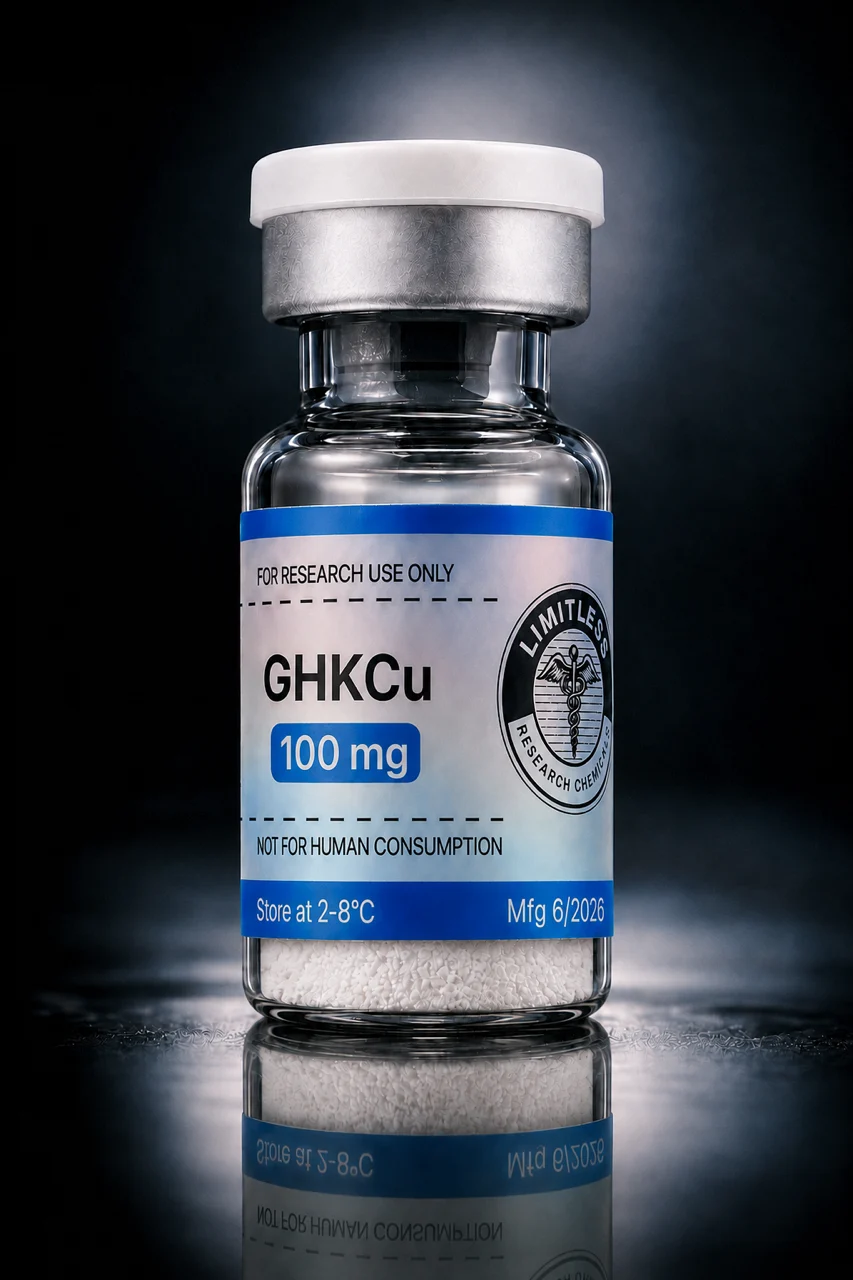 Client-supplied GHK-Cu vial photograph with its blue-bordered Limitless label, silver crimp and white cap