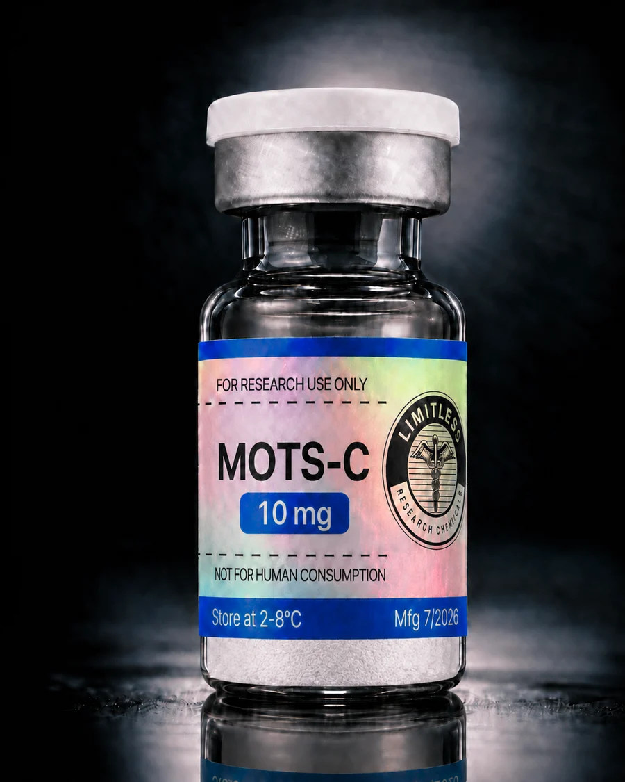 Client-supplied MOTS-C vial photograph showing its holographic Limitless label