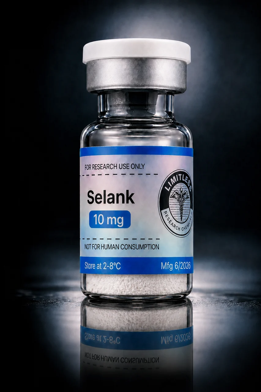Client-supplied Selank vial photograph with the original silver Limitless label and white cap